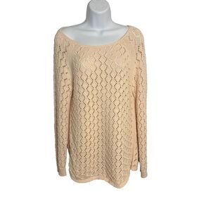 LOFT Womens Open Knit Sweater Med Cotton Pink Coastal Lightweight Minimalist